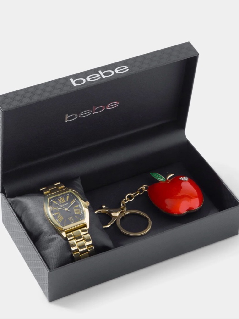bebe Gold-Tone Watch with Red Apple Keychain